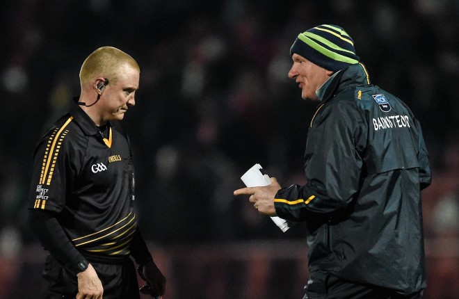 30 March 2016; Donegal manager Declan Bonner with referee Barry Cassidy after the final whistle. EirGrid Ulster GAA Football U21 Championship, Semi-Final, Tyrone v Donegal, Celtic Park, Derry. Picture credit: Oliver McVeigh / SPORTSFILE