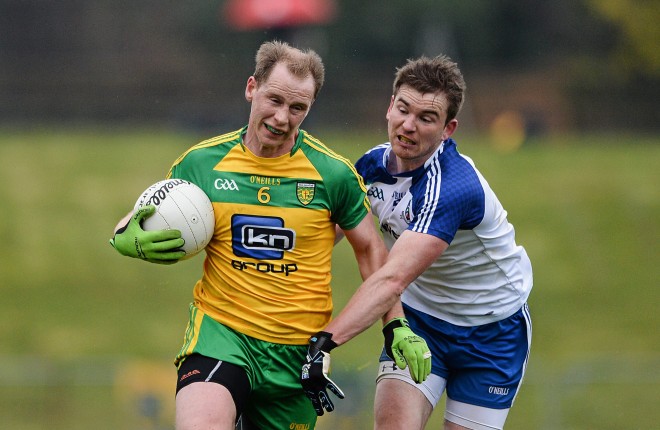 3 April 2016; Anthony Thompson, Donegal, in action against Dessie Mone, Monaghan. Allianz Football League Division 1, Round 7, Monaghan v Donegal. St Mary's Park, Castleblayney, Co. Monaghan. Picture credit: Dáire Brennan / SPORTSFILE