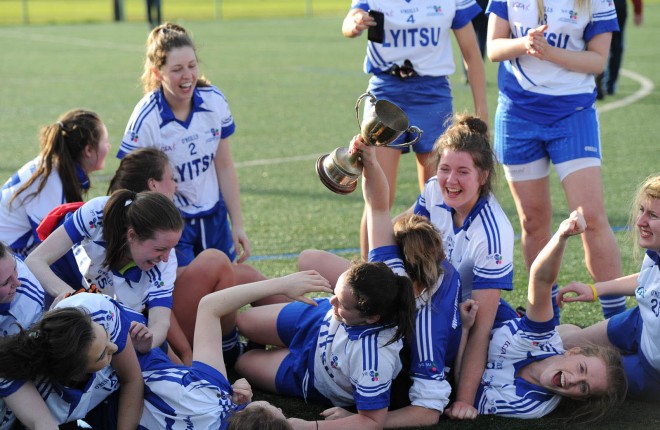 Letterkenny IT players in jubilant mood after winning the GAA Donaghy Cup in UCD on Tuesday having defeated Blanchardstown IT in the final.(Photo: Paddy Gallagher)