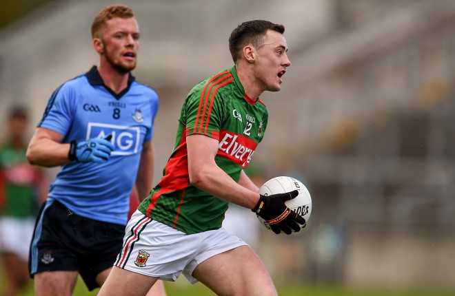 16 April 2016; Diarmuid O'Connor, Mayo, in action against Andy Foley, Dublin. Eirgrid GAA Football Under 21 All-Ireland Championship semi-final, Dublin v Mayo. O'Connor Park, Tullamore, Co. Offaly.  Picture credit: Brendan Moran / SPORTSFILE