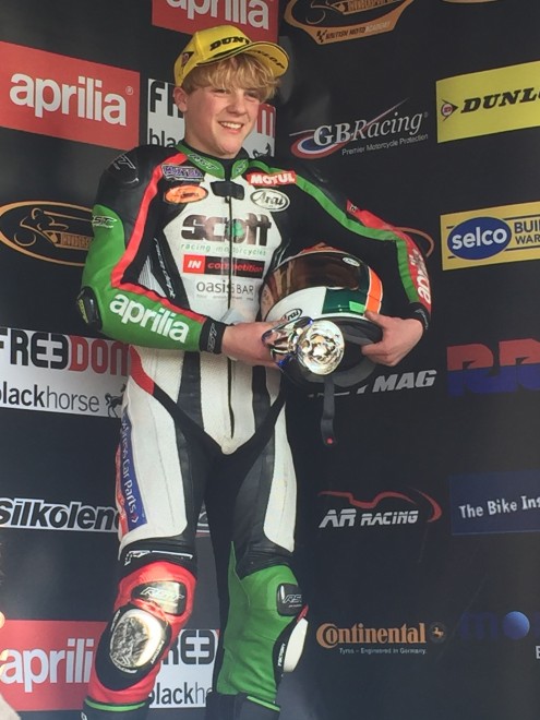 Rhys Irwin following his second win in the British Superteen Championship at Donington International Race circuit 