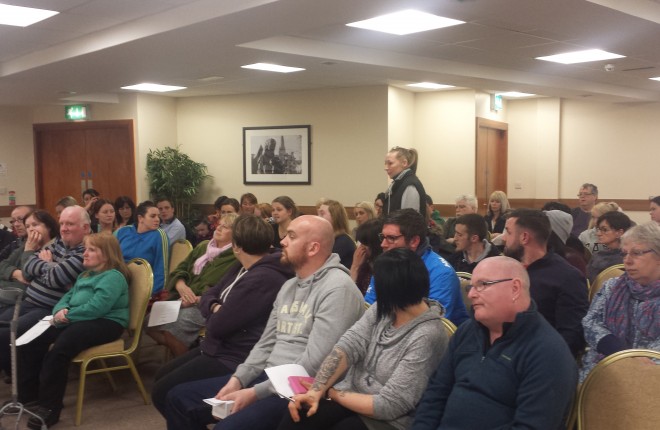 Pictured are a section  of those who attended an animal welfare public meeting in the Station House Hotel, Letterkenny, on Tuesday night, putting their questions and suggestions to Gary Cooney and Michael Forde.