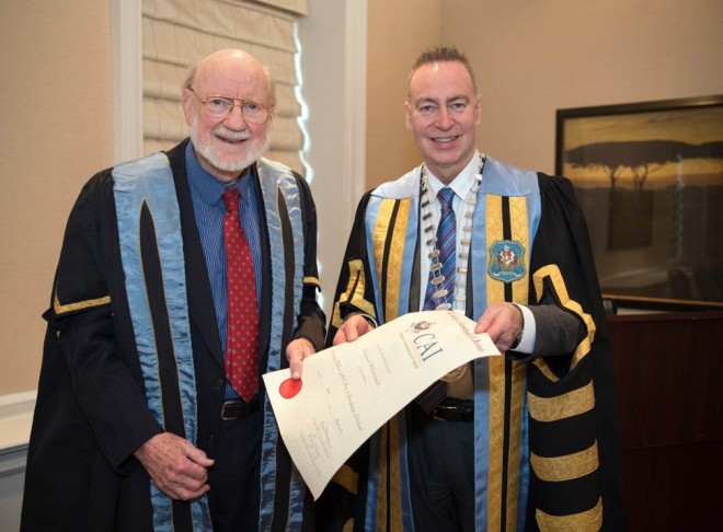 Dr Kevin Carson, President of the College of Anaesthetists of Ireland presenting Prof William Campbell with the Honorary Fellowship of the College
