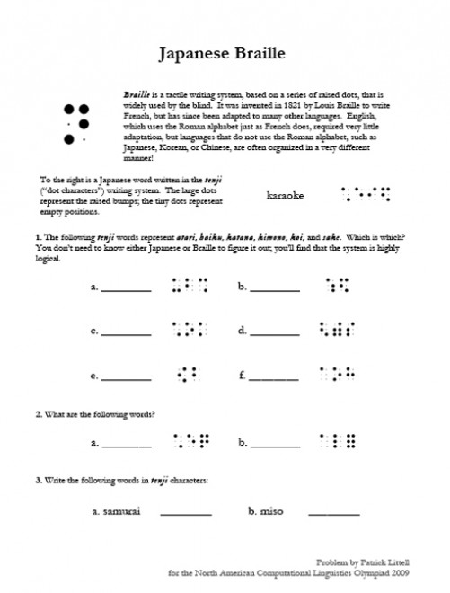 Japanese Braille - the subject matter for one of the questions.