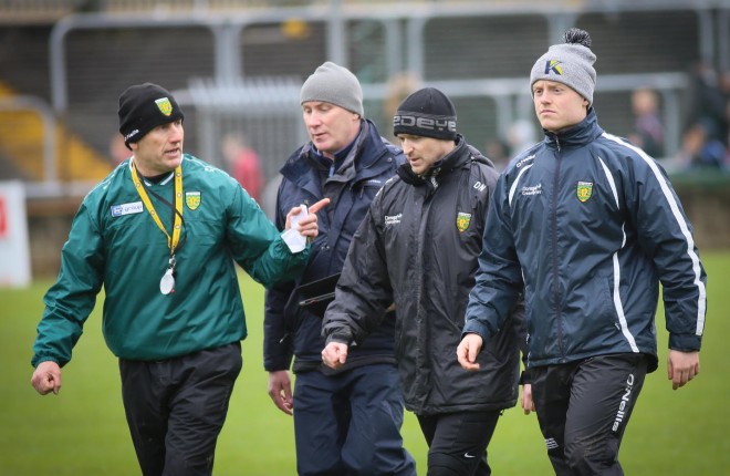 Donegal Minor Manager Shaun Paul Barrett , with members of his management team, Noel Keaveny, Darran Nash, and Luke Barrett. Photo Brian McDaid