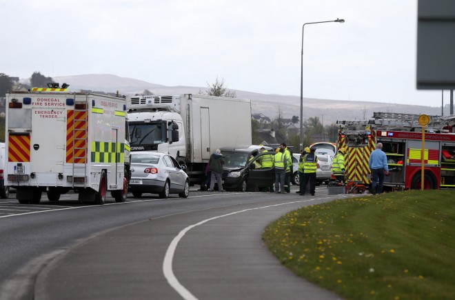 Emergency services at the scene of the crash involving a lorry and a car outside the Letterkenny Public Services Centre, Neil T. Blaney road this afternoon.