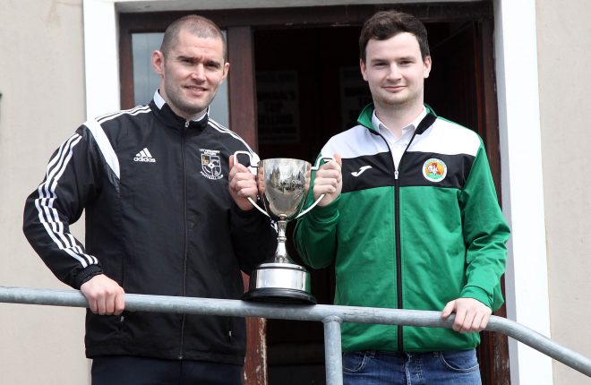 Letterkenny Rovers' Darren McElwaine and Peter Doherty, Cockhill Celtic with the Donegal News League Cup. The final will be contested between the twp teams in Bonagee on Sunday evening.