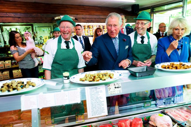 25/05/2016 NO REPRO FEE, MAXWELLS DUBLIN, IRELAND Visit to Ireland by The Prince of Wales and the Duchess of Cornwall. Donegal, Ireland. Pic Shows: HRH The Prince of Wales  and the Duchess of Cornwall in conversation with the  McGettigan brothers; Ernan McGettigan and Diarmuid McGettigan at a visit to McGettigan Butchers Shop in Donegal town. PIC: NO FEE, MAXWELLPHOTOGRAPHY.IE