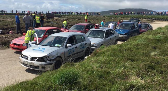 Some of the competing cars getting ready for the off at the Gweedore stock car event on Sunday.