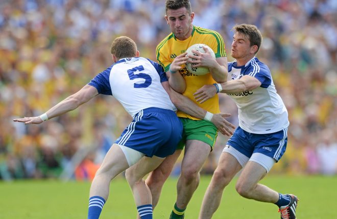 19 July 2015; Patrick McBrearty, Donegal, in action against Cloin Walshe and Dessie Mone, Monaghan. Ulster GAA Football Senior Championship Final, Donegal v Monaghan, St Tiernach's Park, Clones, Co. Monaghan. Picture credit: Oliver McVeigh / SPORTSFILE