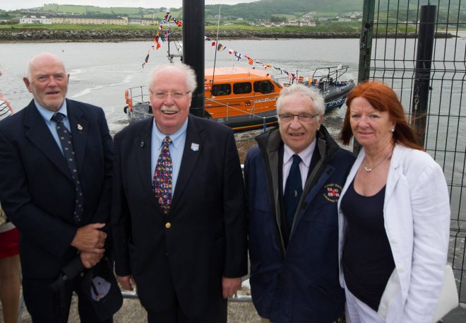 Some of the founding members of Lough Swilly RNLI, Liam McGee, John McCarter, Pat Heaney, and Kate Heaney at the naming ceremony and service of dedication of the Shannon Class 'Derek Bullivant' on Saturday. Photo - Clive Wasson