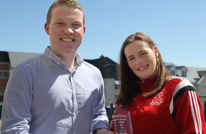 Ryan Ferry, Donegal News presents the April Sports Personality Award to Denise McElhinney, Raphoe Hockey Club.