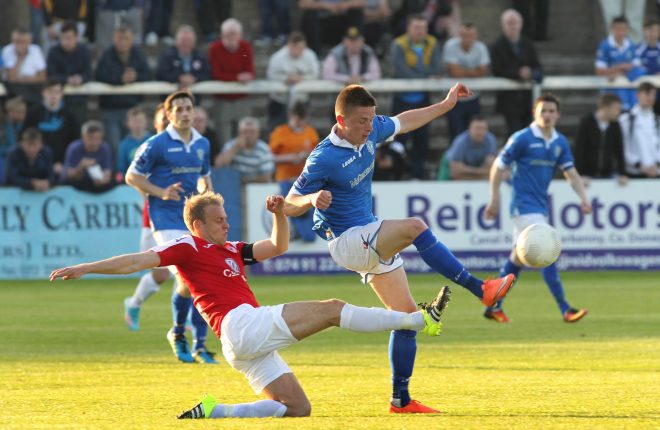 Ryan Curran, Finn Harps wins the ball against Sligo Rovers captain Craig Rodden. Photographs by Donna El Assaad