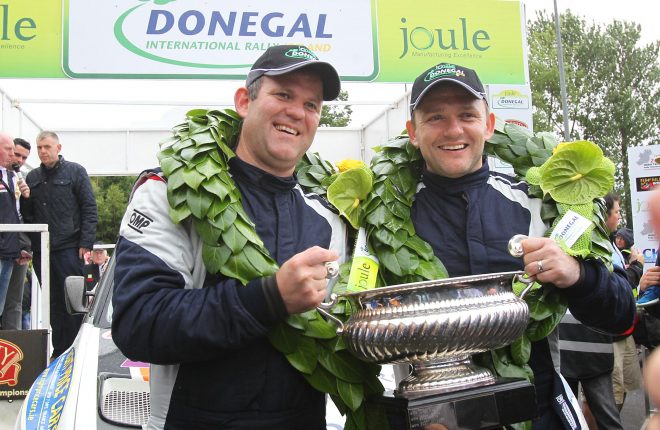 Joule Donegal International Rally 2016 champions Manus Kelly and Donall Barrett celebrate at the finish ramp. Photo: Donna El Assaad