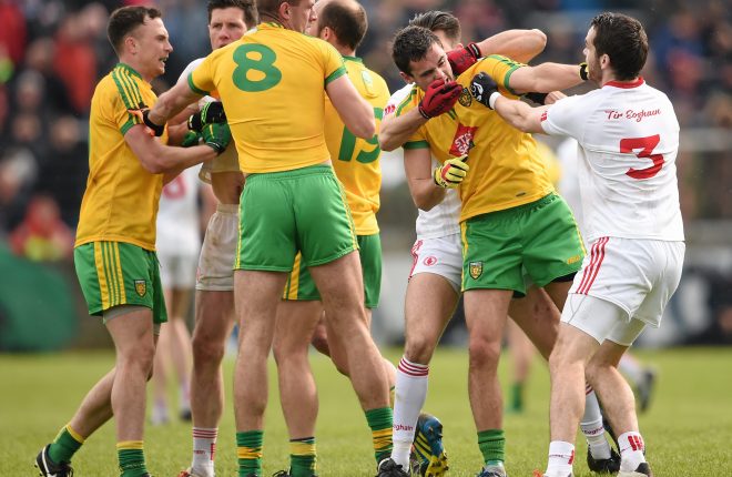 Tyrone and Donegal players tussle during their Ulster Football Senior Championship Preliminary Round game last year. Picture credit: Stephen McCarthy / SPORTSFILE
