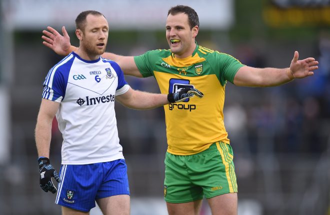 25 June 2016; Michael Murphy of Donegal in action against Vinny Corey of Monaghan during the Ulster GAA Football Senior Championship Semi-Final game between Donegal and Monaghan at Kingspan Breffni Park in Cavan. Photo by Ramsey Cardy/Sportsfile