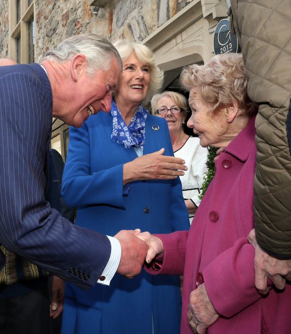 HRH Prince Charles meets Philomena Barry, 90, who was the housekeeper of his great-uncle Lord Mountbatten in Donegal Town.