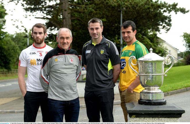 11 July 2016; Pictured are, from left to right, Tyrone's Ronan McNamee, Tyrone manager Mickey Harte, Donegal manager Rory Gallagher and Donegal's Frank McGlynn during a media event ahead of the Ulster football final at The Fir Trees Hotel in Strabane, Co Tyrone. Photo by Oliver McVeigh/Sportsfile