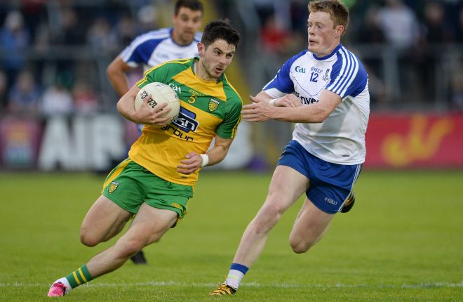 25 June 2016; Ryan McHugh of Donegal in action against Ryan McAnespie of Monaghan during the Ulster GAA Football Senior Championship Semi-Final game between Donegal and Monaghan at Kingspan Breffni Park in Cavan Photo by Oliver McVeigh/Sportsfile