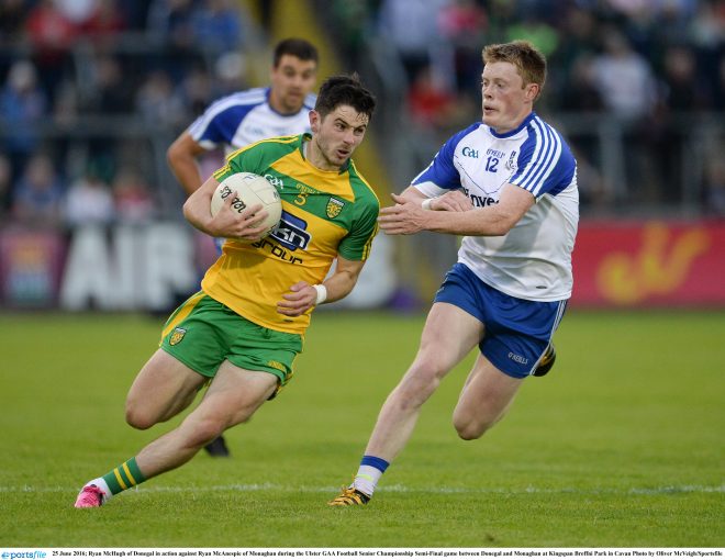 25 June 2016; Ryan McHugh of Donegal in action against Ryan McAnespie of Monaghan during the Ulster GAA Football Senior Championship Semi-Final game between Donegal and Monaghan at Kingspan Breffni Park in Cavan Photo by Oliver McVeigh/Sportsfile