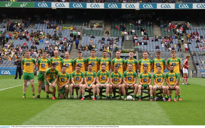 30 July 2016; The Donegal panel ahead of the GAA Football All-Ireland Senior Championship Round 4B match between Donegal and Cork at Croke Park in Dublin. Photo by Ray McManus/Sportsfile