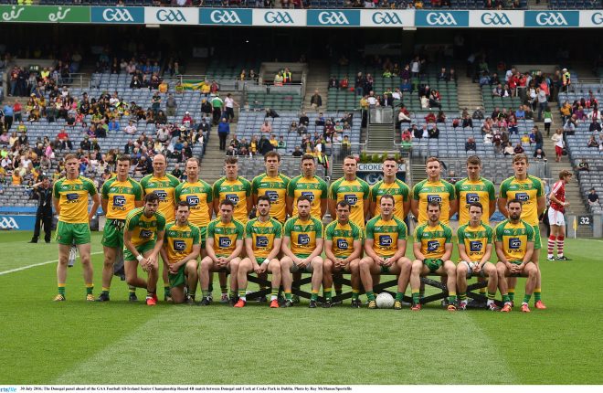 30 July 2016; The Donegal panel ahead of the GAA Football All-Ireland Senior Championship Round 4B match between Donegal and Cork at Croke Park in Dublin. Photo by Ray McManus/Sportsfile