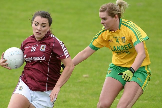 elly Wilson of Donegal in action against Galway's Gillian O'Connor during the TG4 Ladies Football All-Ireland Senior Championship Qualifiers match between Galway and Donegal at Glennon Brothers Pearse Park in Longford. Photo by Eóin Noonan/Sportsfile