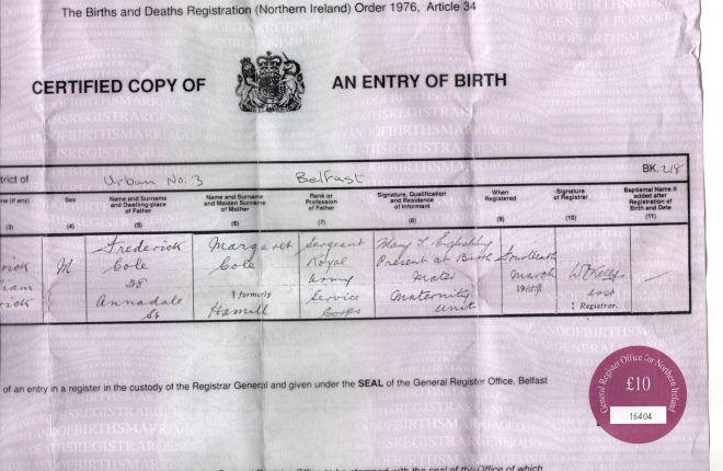 The original birth certificate of John Harkness. 