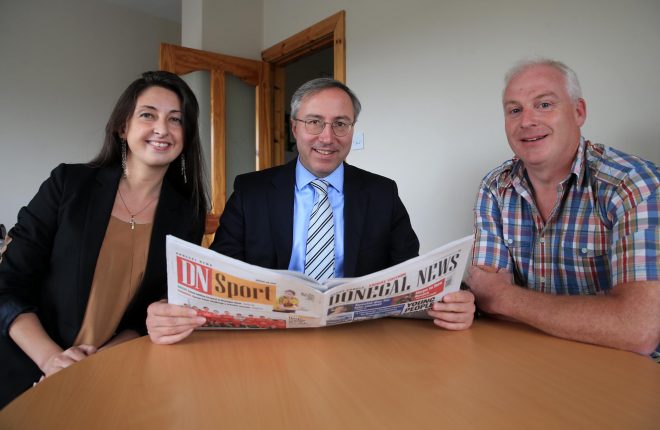 Charge dÕAffaires of Georgia Mr. George Zurabashvili during a visit to the Donegal News office with Ana Lominadze, Counsellor, Embassy of Georgia and Harry Walsh, deputy editor, Donegal News.