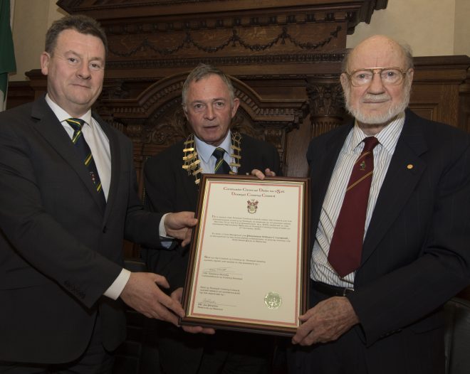 Mayor of Donegal Cllr Terence Slowey making a presentation to Nobel Prize winner Prof William Campbell during a Civic Reception in his honour at the Chambers in Lifford.  Also in photo is Donegal Co Council CEO Seamus Neely.  (North West Newspix)