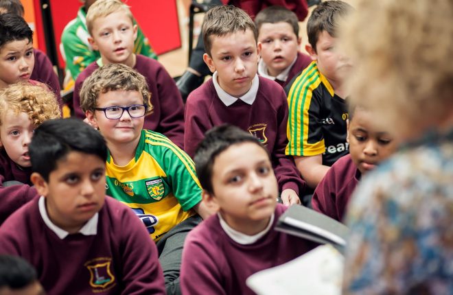 Children from Mrs. DalyÕs class in St Colmcille Boys School in Letterkenny during story time at the launch of Wainfest 2016 on Friday 23 September in the Central Library.