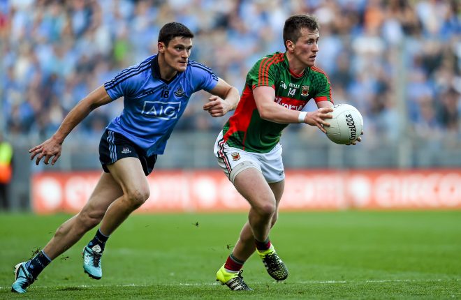 Cillian O'Connor, Mayo, in action against Diarmuid Connolly last year