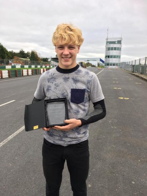 Rhys Irwin with his Irish Young Rider of the Year finalist award at Mondello Park. 