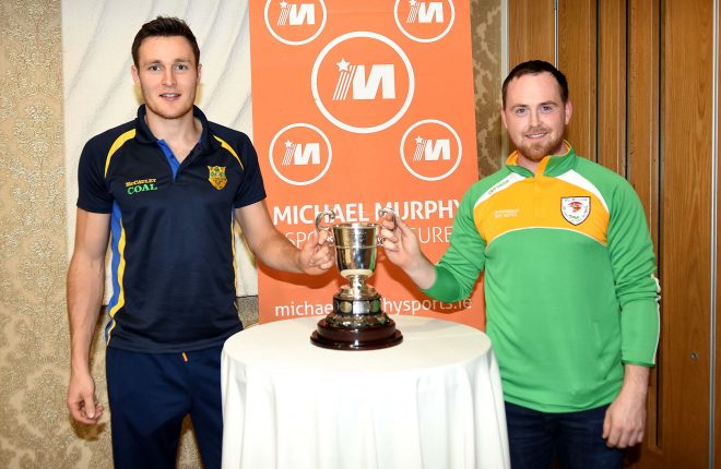 Clg Naomh Padraig's Colm Mc Colgan with Downings Colm Gallagher at the Press night held recently at Villa Rose Hotel.