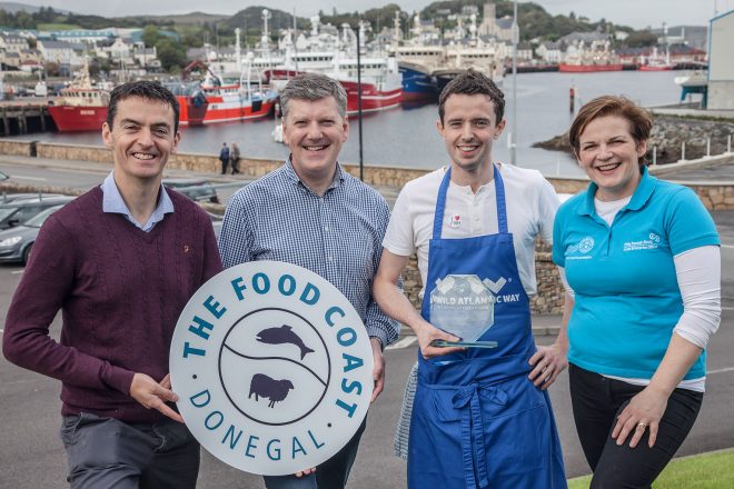 Chef Chris Molloy of The Lemon Tree Restaurant was crowned Donegal Chowder Champion at the recent county Chowder Cook-Off in Killybegs and will now to go on to represent Donegal at the 7th annual All-Ireland Chowder Cook-Off in Kinsale early next year. Pictured is Chris Molloy with (l-r) Michael Gallagher, BIM, Sean Duffy, Tourism College Killybegs and Eve-Anne McCarron, Local Enterprise Office, Donegal County Council and ‘The Food Coast – Donegal’s Good Food Initiative
