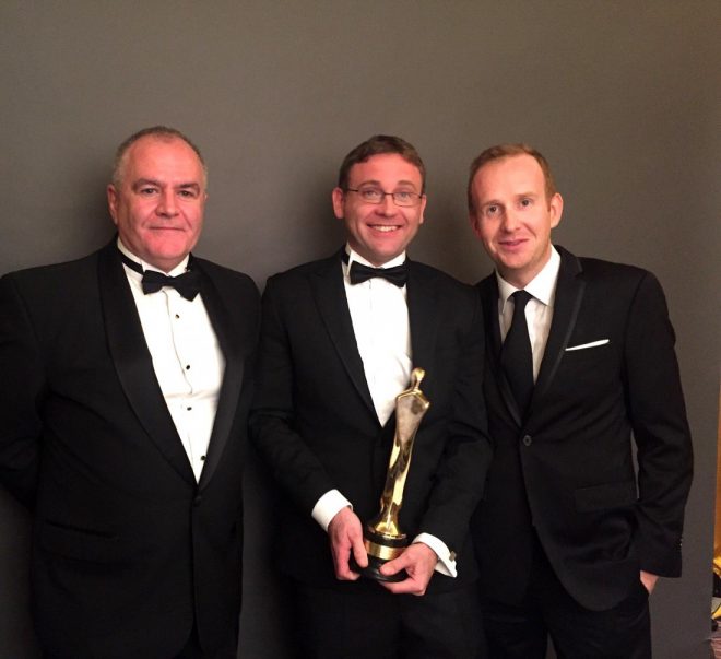Paul Maguire, Editor of RTE Investigations Unit, Conor Ryan, reporter, and John Cunningham, producer, with their IFTA award.