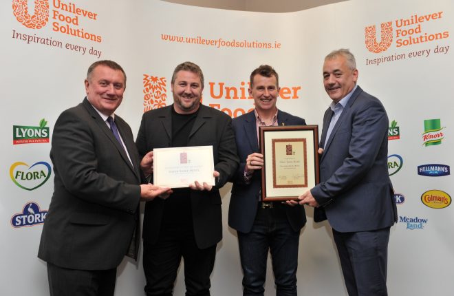 Pictured, from left, are Mr McCarthy, Unilever, Karl Murtagh, Head Chef, Silver Tassie Hotel, Nigel Owens, Welsh Rugby Referee and Ciaran Blaney, owner, Silver Tassie Hotel and Spa.