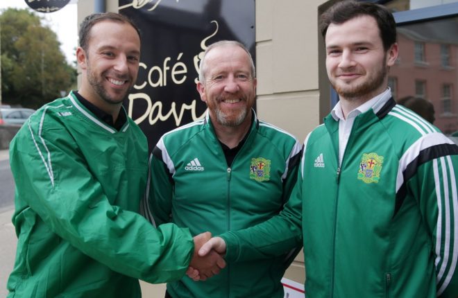 Davitt Walsh (left), with USL manager Peter Moran, and team captain, Peter Doherty