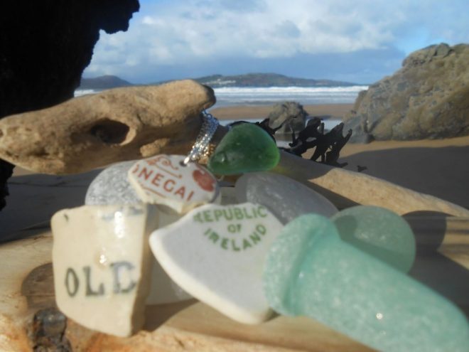Some of the pottery and seaglass salvaged from the ocean that Helen uses to make the distinctively Donegal pieces. 