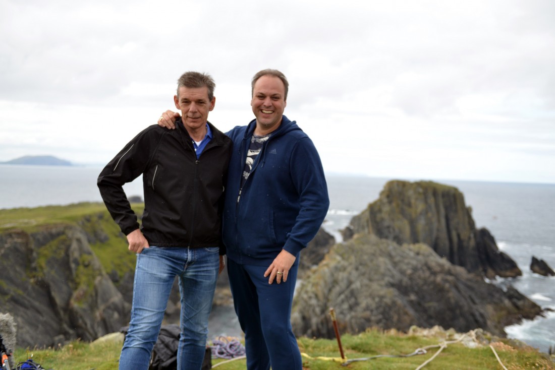  Brothers and presenters Frans and Dorus Bauer, during filming at Malin Head.