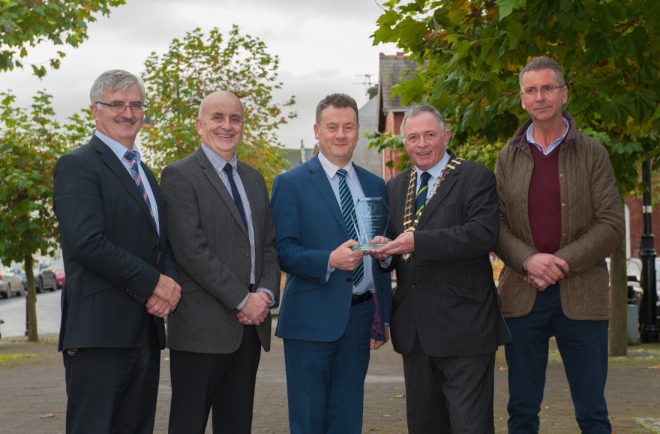 Donegal County Council has been named as the winner for the “Road Safety Award 2016” in the Excellence in Business Awards by the Public Sector Magazine.  Pictured receiving the award is  l to r: John McLaughlin, Director of Roads; Brian O'Donnell, Road Safety Officer; Seamus Neely, Chief Executive; Cllr Terence Slowey, Cathaoirleach; and Cllr. John Ryan, Chair of the Roads & Transportation Strategic Policy Committee.