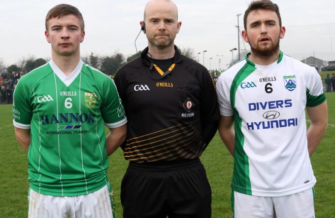 Gaoth Dobhair captain Niall Friel (right), with Aghagallon skipper Pat Branagan and referee Dan Mullan before yesterday's match