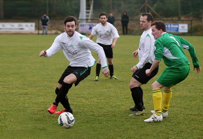 Odhran MacNiallais in action during Gweedore Celtic's 3-1 win over local rivals Gweedore United at An Screaban on Sunday afternoon.