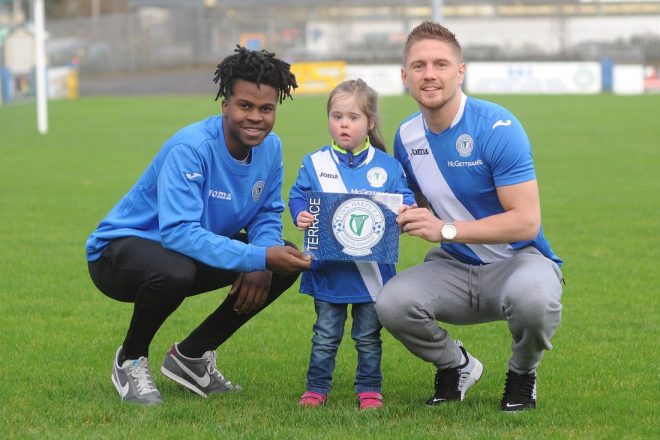 Striker BJ Banda and Donegal boxing hero Jason Quigley pictured alongside Harps supporter Sarah Bradley are asking the Northwest public to get behind the Harps as club continues its preparations and fundraising campaign ahead of the new season. Photo by Gerard McHugh