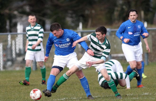 Milford United's Gary Merritt in action against Rathmullan Celtic's David 'Reggie' Miller