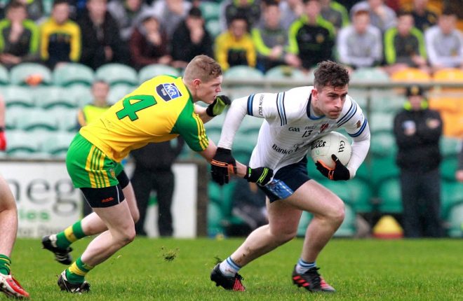 Patrick McBrearty (UUJ) on the ball against Donegal's Conor Morrison last week
