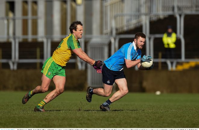 Jack McCaffrey in action against Michael Murphy in Sunday's match