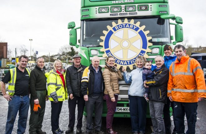 Pictured following the loading of bikes for Africa onto Martin Boyle's haulage truck are members of Letterkenny Rotary Club, with staff from Bryson Recycling and Donegal County Council. 