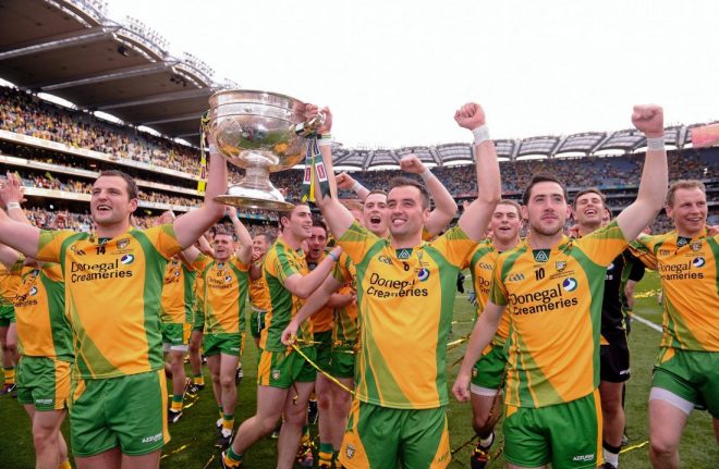 Michael Murphy and Karl Lacey lift the Sam Maguire Cup
