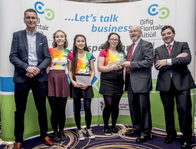 Students from Colourbox, St. Columba’s, Stranorlar receive their overall prize from Michael Tunney, Head of Enterprise in Donegal. Included in the photo are councillor John Ryan and John McNamara from Sendmode who were among the judges on the day.